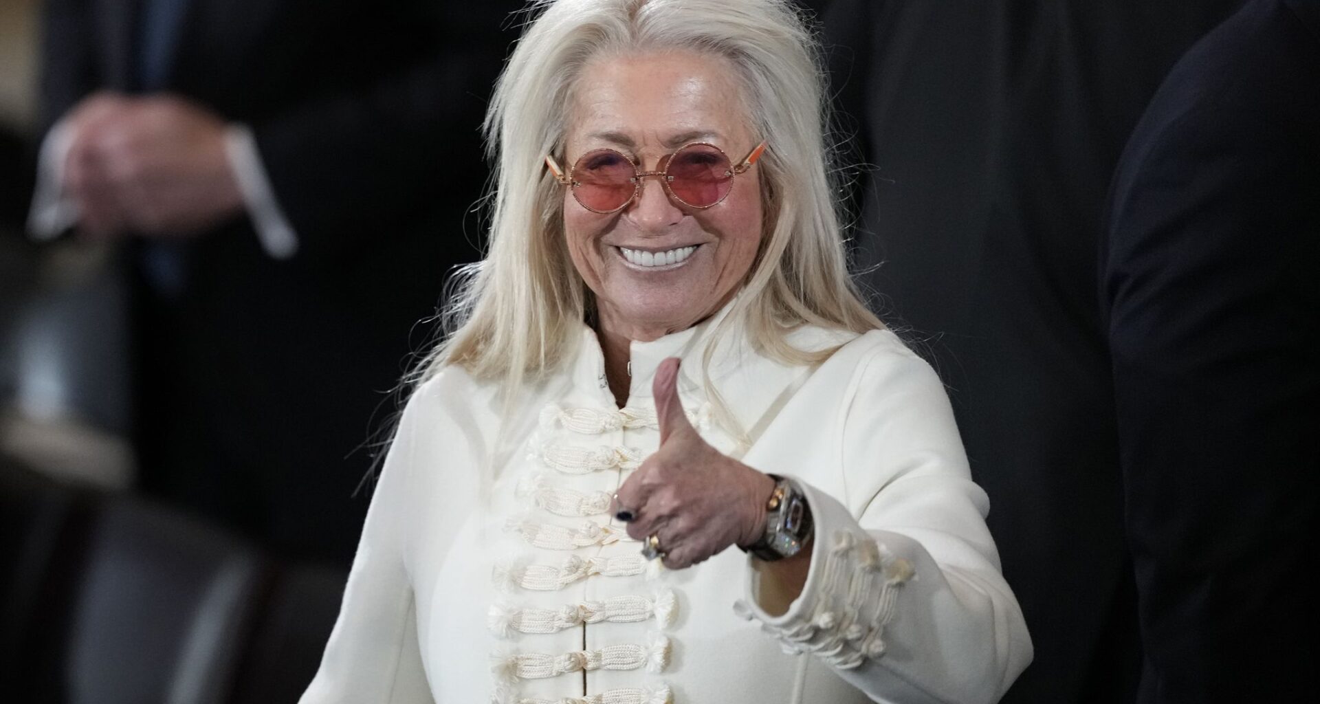 Miriam Adelson arrives for the 60th Presidential Inauguration in the Rotunda of the U.S. Capitol in Washington, Monday, Jan. 20, 2025. (AP Photo/Julia Demaree Nikhinson, Pool)