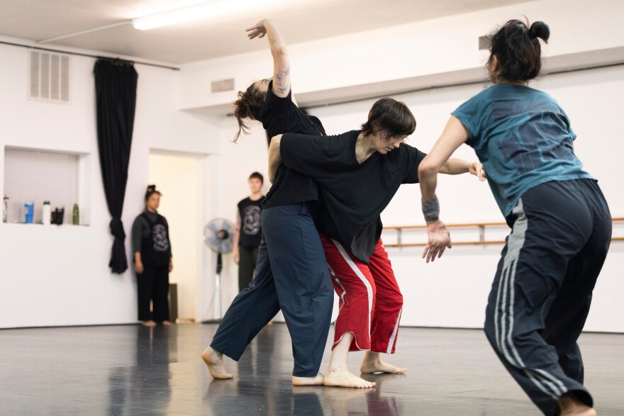 Celeste Camfield and Anna Bauer practice in the Cafe Dance studio in Austin, Texas, on April 23, 2026. Lorianne Willett/KUT News