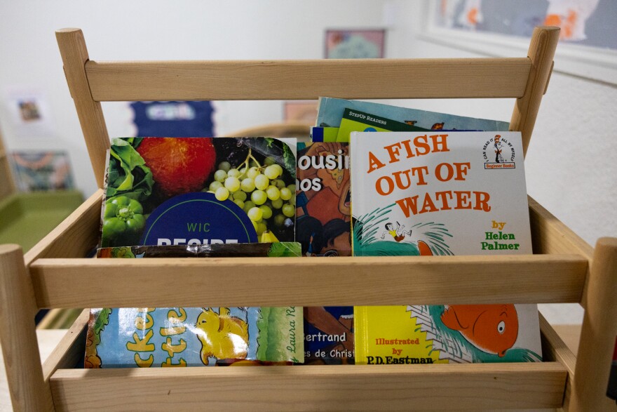 Childrens books are pictured in a small, open, shelf.