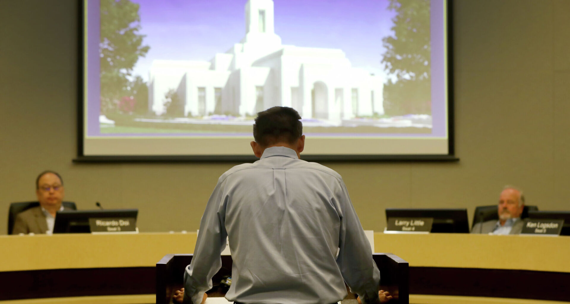 A person speaks during the Town Council meeting at Fairview Town Hall on Tuesday, April 29, 2025. The Fairview council approved a permit for the Church of Jesus Christ of Latter-day Saints to build the Fairview Texas Temple.