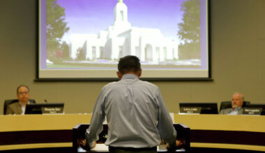 A person speaks during the Town Council meeting at Fairview Town Hall on Tuesday, April 29, 2025. The Fairview council approved a permit for the Church of Jesus Christ of Latter-day Saints to build the Fairview Texas Temple.