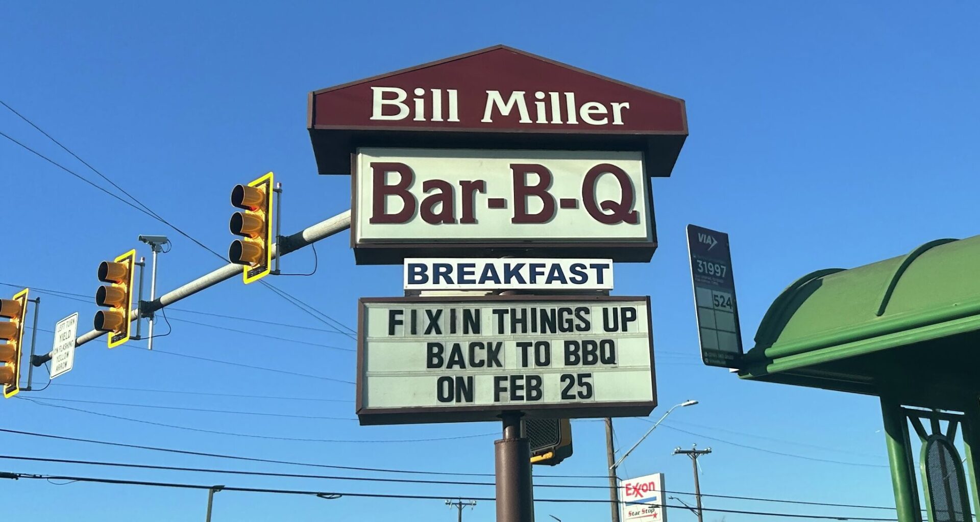 Sign outside of Bill Miller Bar-B-Q on Culebra Road.