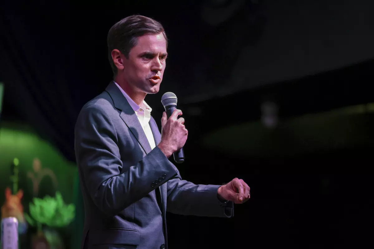 Mayes Middleton talks to the audience during the attorney general debate Wednesday, Feb. 4, 2026, in Plano.