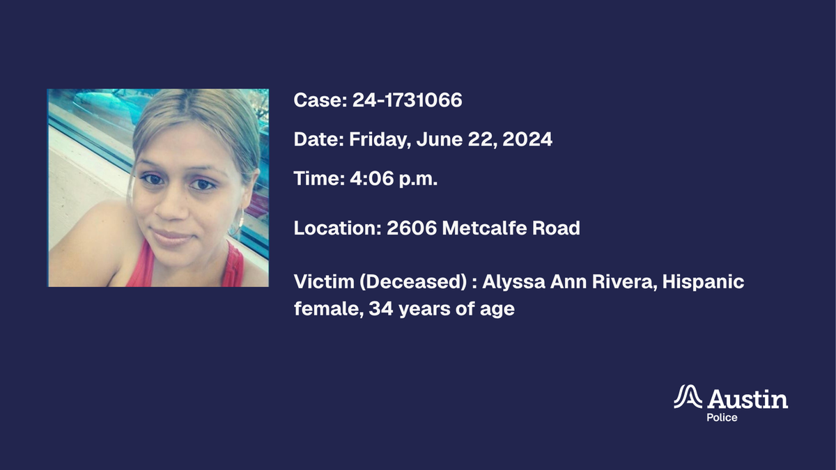 An image of victim Alyssa Rivera inset over a blue slide with info about her case