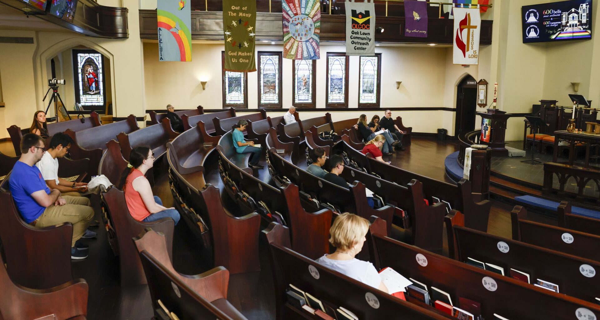 Guests sit in silent reflection as the church’s bells ring during a service of prayer and justice at Oak Lawn United Methodist Church on Thursday, May 14, 2026, in Dallas. The church was ringing its bells 600 times for the state’s 600th execution since the death penalty was reinstated in 1976. Edward Busby, who is set to be executed Thursday, will be the 600th person executed by the state of Texas.