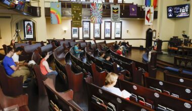 Guests sit in silent reflection as the church’s bells ring during a service of prayer and justice at Oak Lawn United Methodist Church on Thursday, May 14, 2026, in Dallas. The church was ringing its bells 600 times for the state’s 600th execution since the death penalty was reinstated in 1976. Edward Busby, who is set to be executed Thursday, will be the 600th person executed by the state of Texas.