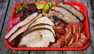 Panther City BBQ serves Hell's Half Acre, a tray full of brisket, pulled pork, sausage, pork ribs, smoked turkey and pork belly. The portions are a 1/2 pound on Hattie St. in Fort Worth, Saturday, April 19, 2019. (Tom Fox/The Dallas Morning News)
