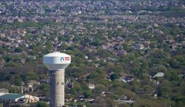 Aerial view of water tower and residential neighborhood in Allen, Texas on Tuesday, March 24, 2020.