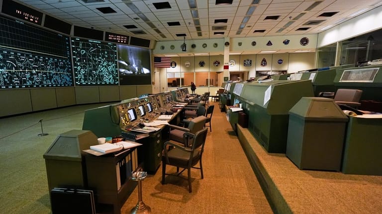 Artifacts sit in the Apollo Mission Control room at Johnson...