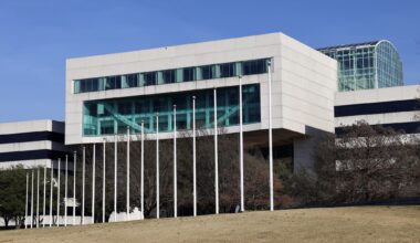 An exterior view of the old EDS corporate headquarters in Plano. AT&amp;T is planning to build its global headquarters on the campus.