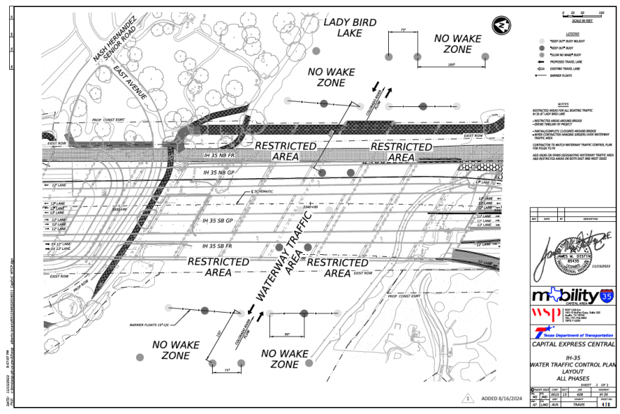 An overhead technical drawing showing the layout of the water traffic control plan during I-35 bridge construction.