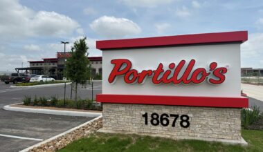 New exterior signage is visible at Portillo’s in Schertz on May 5, 2026, as construction moves into its final stages.