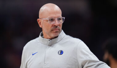 Dallas Mavericks head coach Jason Kidd look on after calling a timeout during the first half of an NBA basketball game against the Chicago Bulls at American Airlines Center on Sunday, April 12, 2026, in Dallas.
