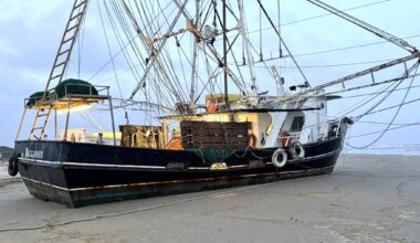 A Texas beach now has an unexpected attraction: A stranded shrimp boat