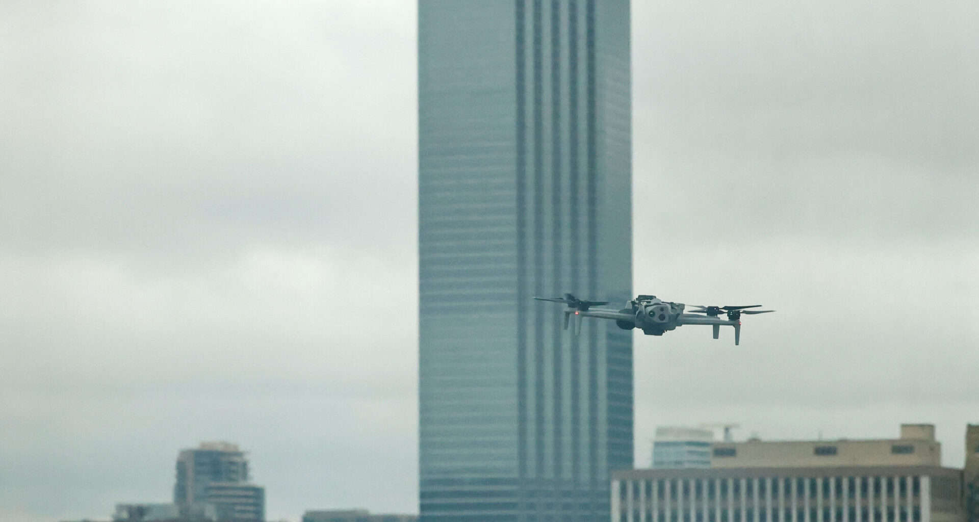 A Skydio drone is seen hovering outside during a Dallas police Drone First Responder program demonstration at Jack Evans Police Headquarters on Wednesday, May 20, 2026, in Dallas.