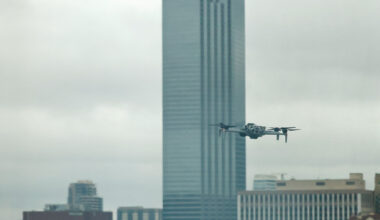 A Skydio drone is seen hovering outside during a Dallas police Drone First Responder program demonstration at Jack Evans Police Headquarters on Wednesday, May 20, 2026, in Dallas.