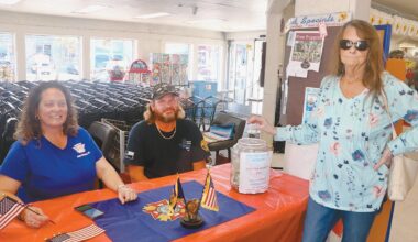 Members of Moore McDonald VFW Post 8967 and Auxiliary to the Post held a fundraiser Labor Day weekend 2025 at Lowe’s Market. Post and auxiliary members will have a table set up in the Lowe’s lobby on Memorial Day weekend. They will collect donations and hand out flags. Above, from left are Ashley Thompson, auxiliary president, her husband Kenneth and Mary Ann Kelly, all of Port Aransas. South Jetty photo