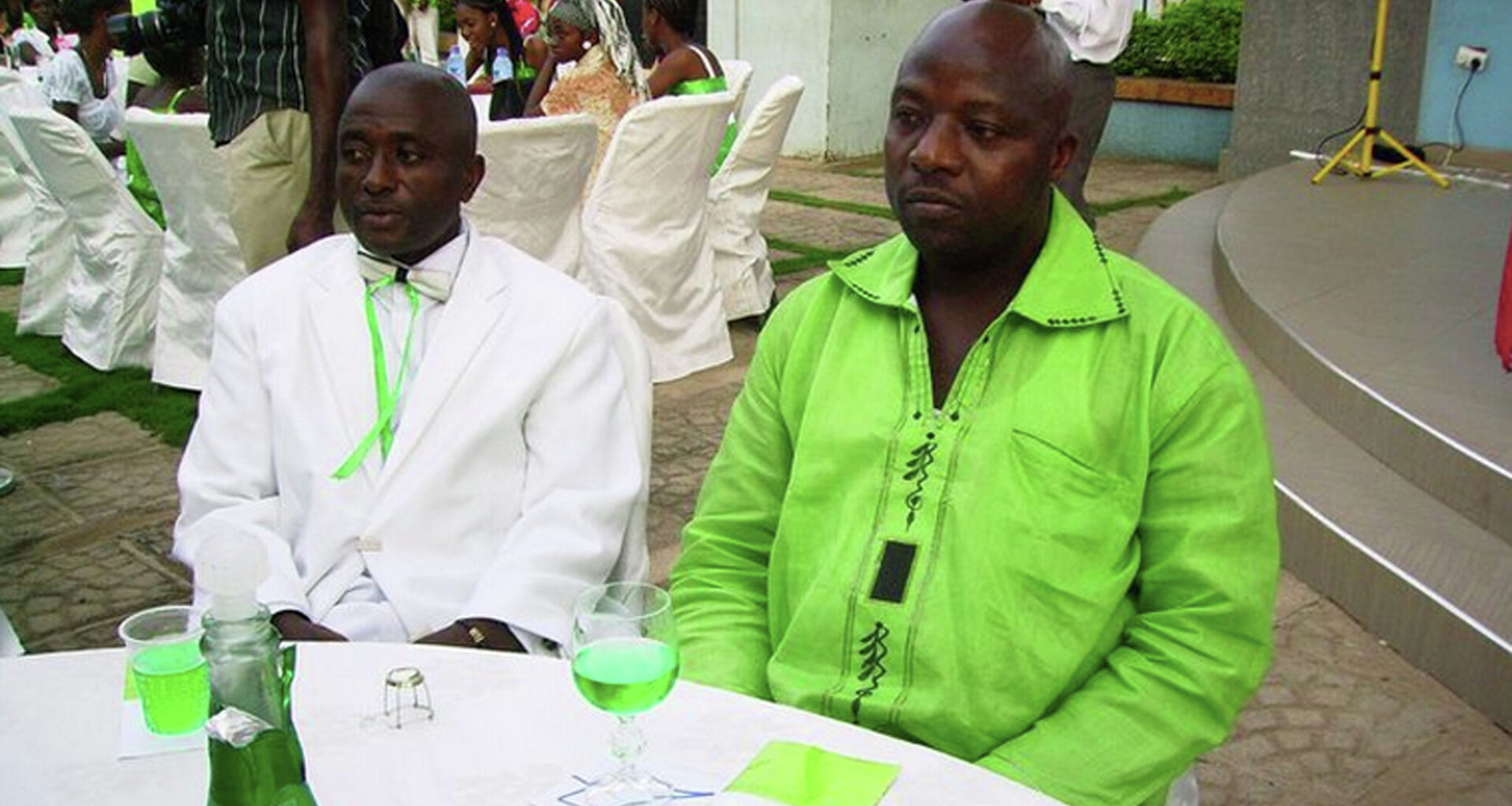 This 2011 photo provided by Wilmot Chayee shows Thomas Eric Duncan, right, with friend Wilmot Chayee at a wedding in Ghana. Duncan traveled to Dallas in 2014 after contracting Ebola in Liberia. 