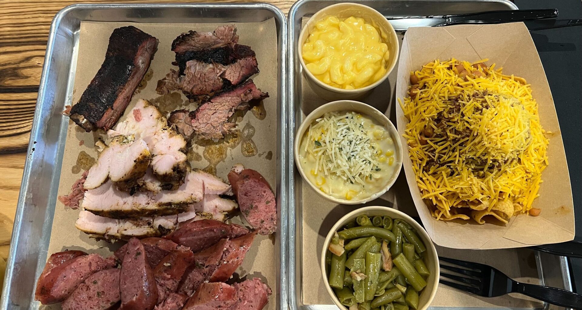 Spread of food at Smokey Mo's BBQ in San Antonio.