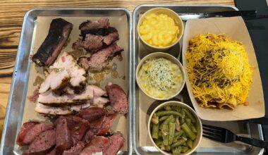 Spread of food at Smokey Mo's BBQ in San Antonio.