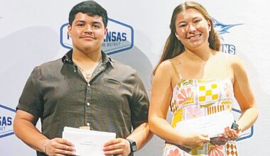 Valedictorian, salutatorian Port Aransas High School valedictorian Rodrigo Camarena, left, and salutatorian Sybil Gilmore hold the dozens of scholarship checks they received during the annual PAHS Scholarship Ceremony at the Jim and Judy Cole Performing Arts Center on Thursday, May 14. Staff photo by Jimmy Willden