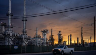 An industrial complex with tall structures and pipes against a sunset sky.
