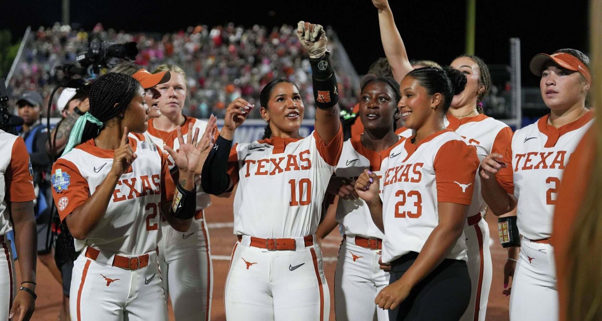 Houston Astros pitcher Tatsuya Imai (center, right) joins the celebration with pitcher Alimber Santa (center) after the final out of a combined no-hitter against the Texas Rangers at Globe Life Field on Monday, May 25, 2026, in Arlington.