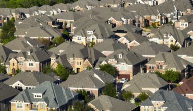Aerial view of homes in the Harrington Mills subdivision on Saturday, April 8, 2023, in Plano.