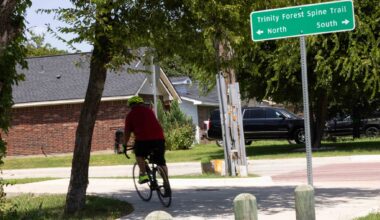 Council member Jaime Resendez rides his bike on the Trinity Forest Spine Trail in Dallas on Friday, July 18, 2025.