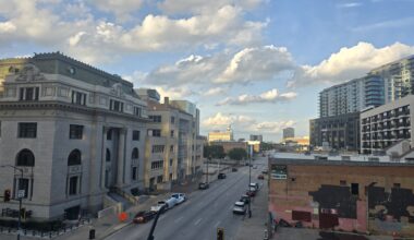 Clouds linger over downtown Dallas after storms moved through North Texas earlier in the week. The National Weather Service forecast calls for a slight chance of showers and thunderstorms Thursday.