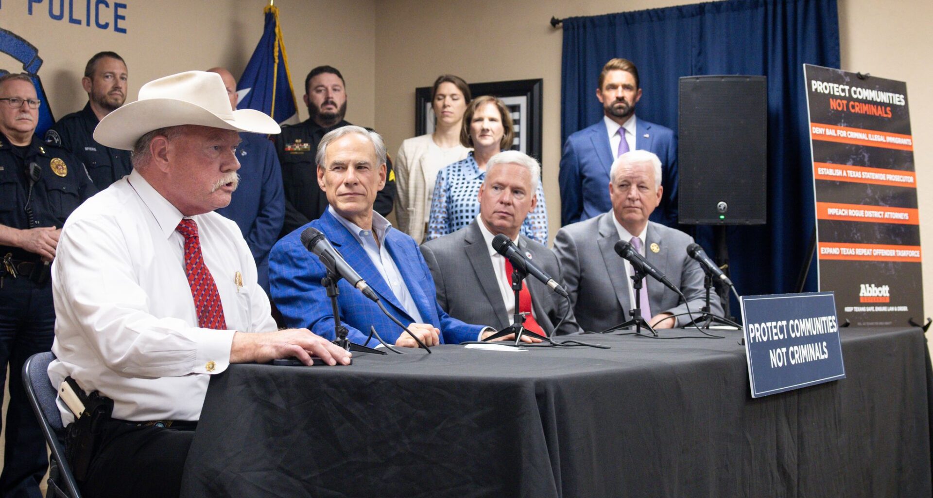 (From left) Tarrant County Sheriff Bill Waybourn speaks along with Gov. Greg Abbott, Arlington Police Officers Association President Jesse Minton and Tarrant County District Attorney Phil Sorrells at a news conference Thursday on safety initiatives.