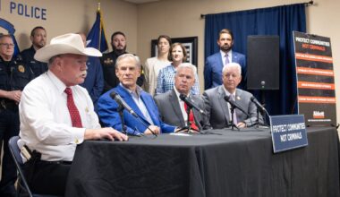 (From left) Tarrant County Sheriff Bill Waybourn speaks along with Gov. Greg Abbott, Arlington Police Officers Association President Jesse Minton and Tarrant County District Attorney Phil Sorrells at a news conference Thursday on safety initiatives.
