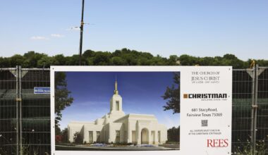 Signs displayed at the construction zone of the Fairview Texas Temple by the Church of Jesus Christ of Latter-day Saints, on Tuesday, May 12, 2026 in Fairview.