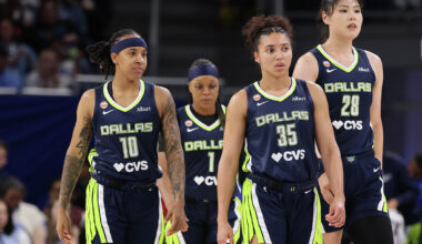 CHICAGO, ILLINOIS - MAY 20: Aziaha James #10, Odyssey Sims #1, Azzi Fudd #35 and Li Yueru #28 of the Dallas Wings look on against the Chicago Sky during the second half at Wintrust Arena.