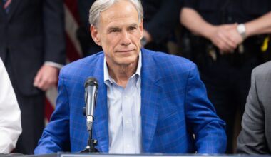Gov, Greg Abbott arrives at a news conference in Arlington, Texas, on May 28, 2026.