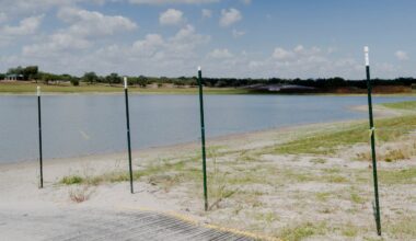 Lake Corpus Christi at 11.8% capacity seen from a portable boat ramp, the only operational ramp of six in the state park, on Oct. 20, 2025.