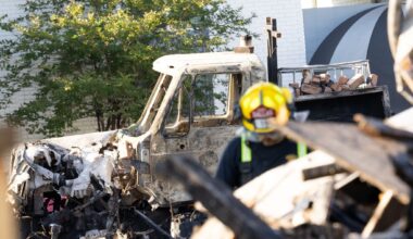 A damaged truck seen as Dallas Fire-Rescue comb through the debris of a collapsed apartment complex in the 400 block of east 9th Street in Oak Cliff in Dallas, Friday, May 29, 2026. Officials said at least three people died and several were injured after an explosion at an apartment building in north Oak Cliff on Thursday.