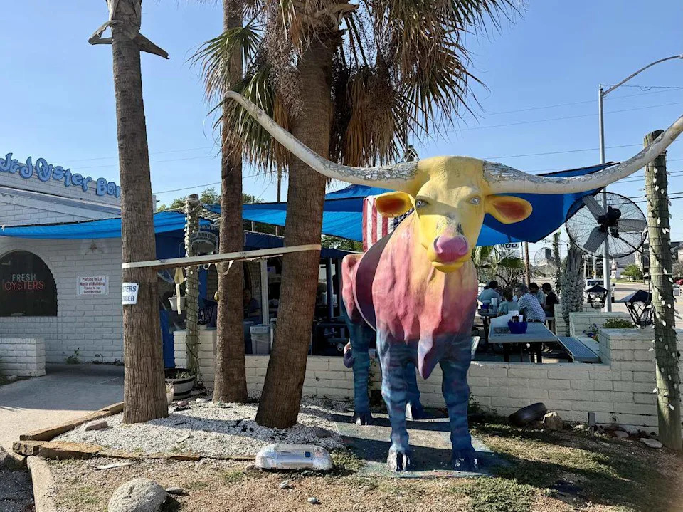 The giant bull statue in front of J&J Oysrer Bar, seen May 23, 2026, will move to Fred’s Texas Cafe.
