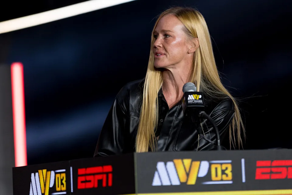 Albuquerque boxer Holly Holm speaks during a news conference Thursday, May 28, 2026, at El Paso County Coliseum before her rematch against Stephanie Han on the MVPW-03 card.