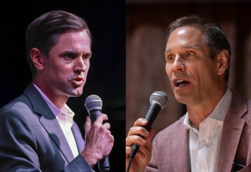 A split photo of two men speaking into microphones