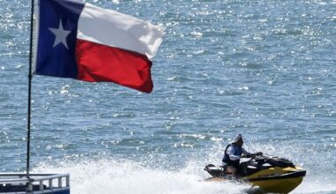 A personal watercraft plies the waters of Lake Ray Hubbard, Sunday, May 3, 2026. Sunday’s forecast called for warm and humid day with temperatures topping out near 96. 