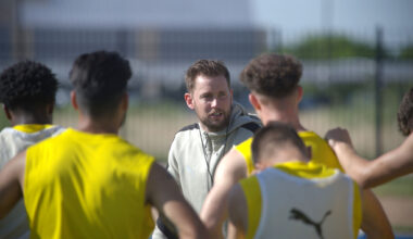 West Texas FC head coach Scotty Murray talks to his players during practice, May 28, 2026, at the Astound Broadband Stadium auxiliary fields. 
