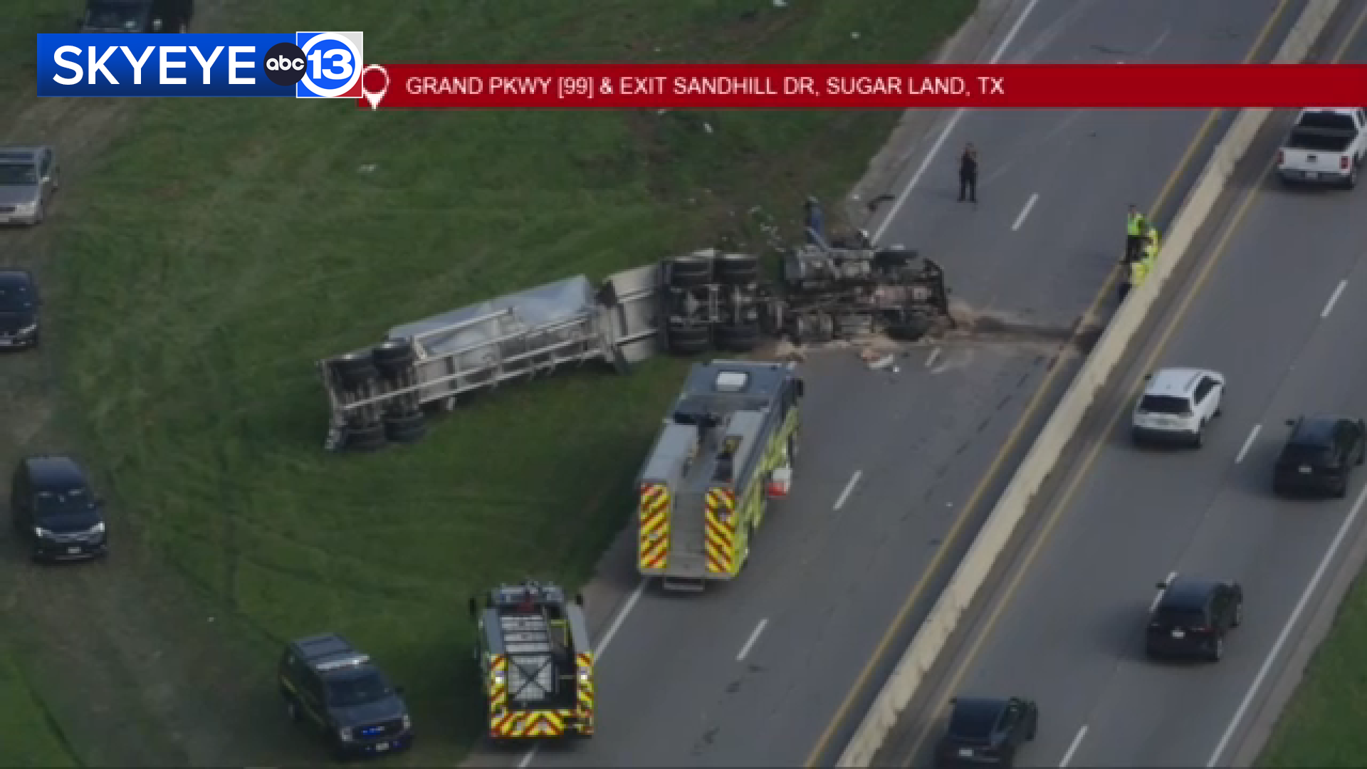 SkyEye13 was over the scene of an overturned big rig crash on the Grand Parkway. Officials said the closure of the northbound lanes would last anywhere from four to six hours.