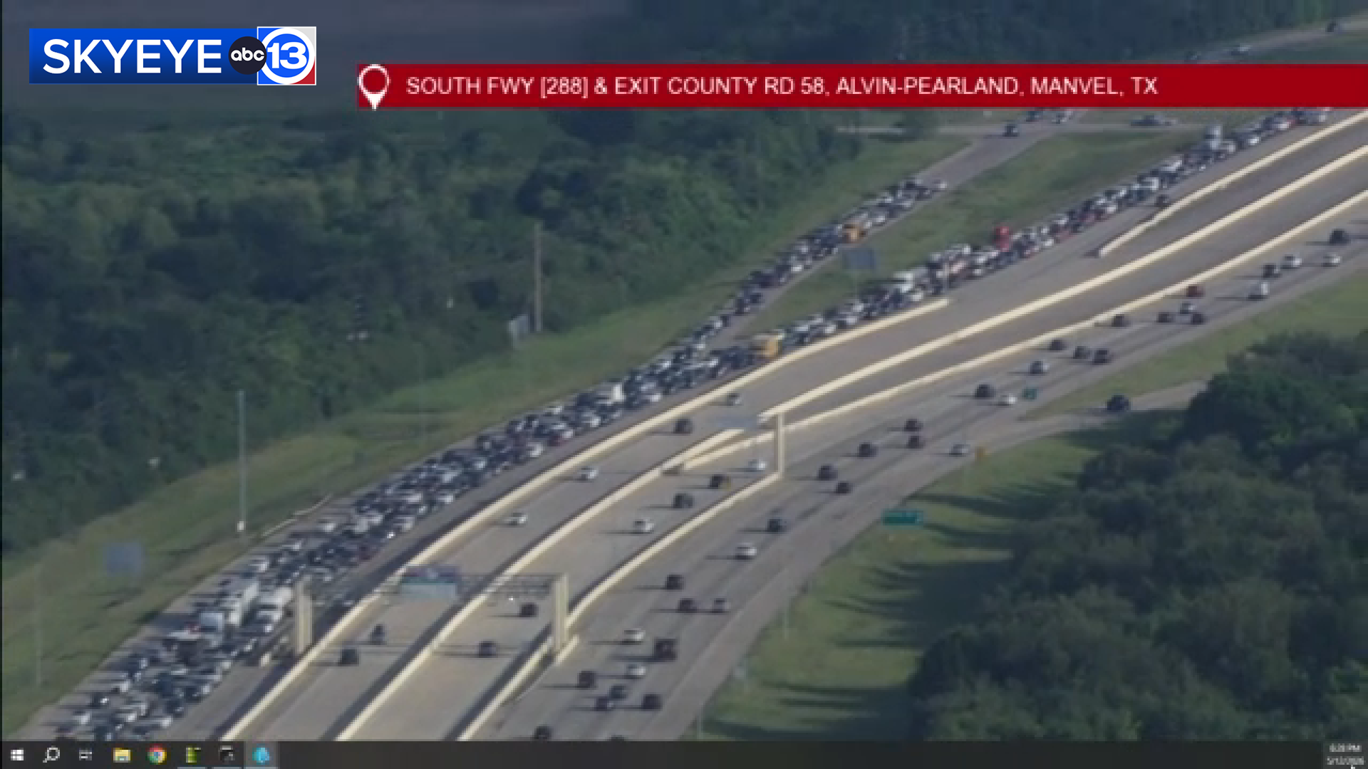 SkyEye13 images show the traffic caused the closure of all northbound lanes of Highway 288 at Airline-Fort Bend Road in Brazoria County.
