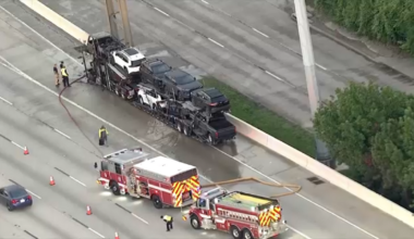 13 Alert Traffic: Car carrier trailer fire blocking 2 right lanes on Eastex Freeway southbound at Lee Road