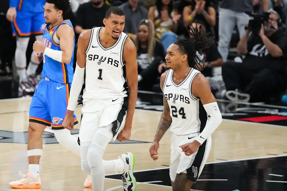 May 24, 2026; San Antonio, Texas, USA; San Antonio Spurs center Victor Wembanyama (1) reacts in the first quarter against the Oklahoma City Thunder during game four of the western conference finals for the 2026 NBA playoffs at Frost Bank Center. Mandatory Credit: Scott Wachter-Imagn Images