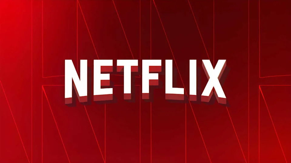 A white 3D Netflix logo centered on a dark red geometric background.