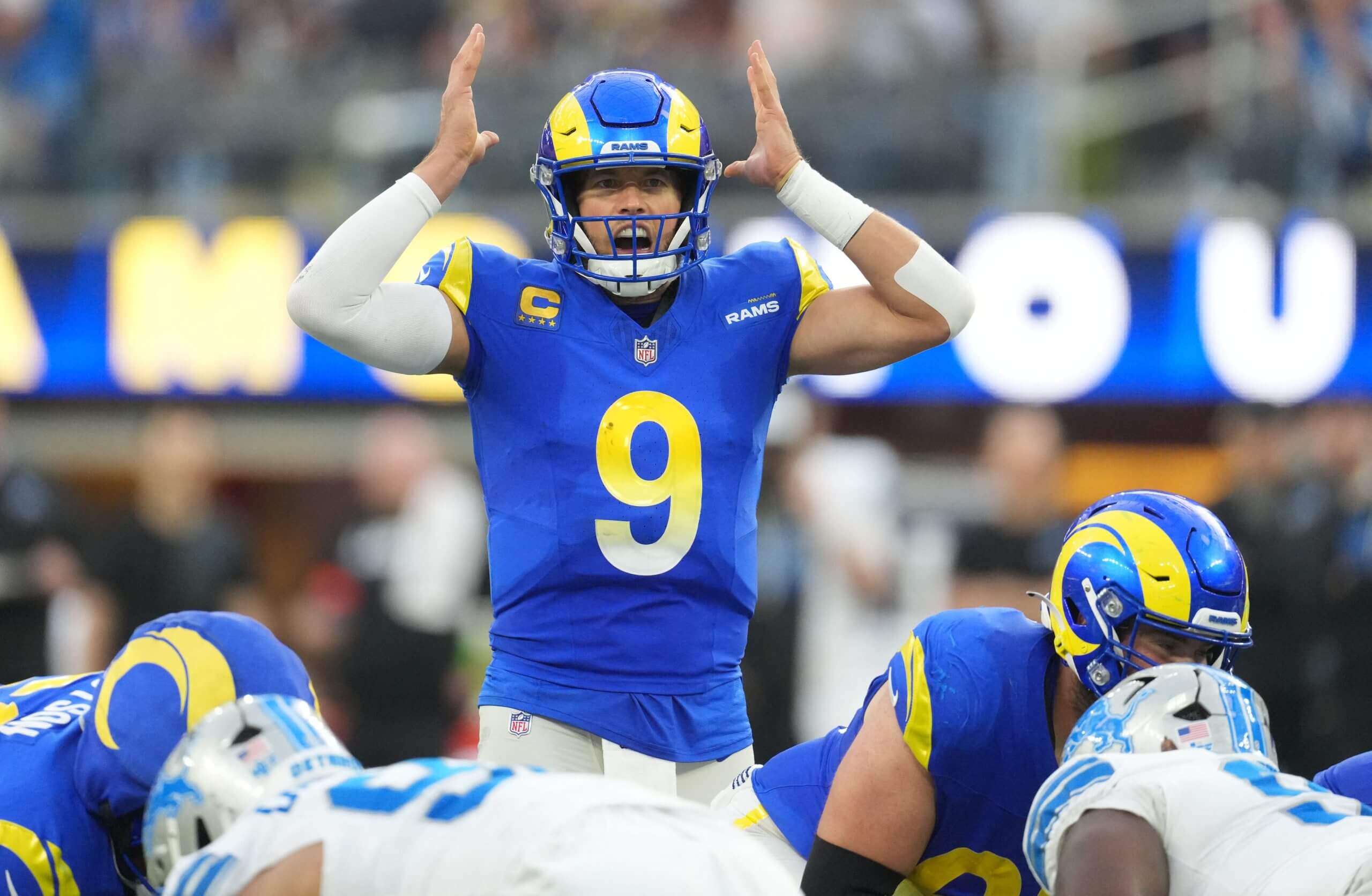 Los Angeles Rams quarterback Matthew Stafford (9) calls a play during the third quarter against the Detroit Lions at SoFi Stadium.