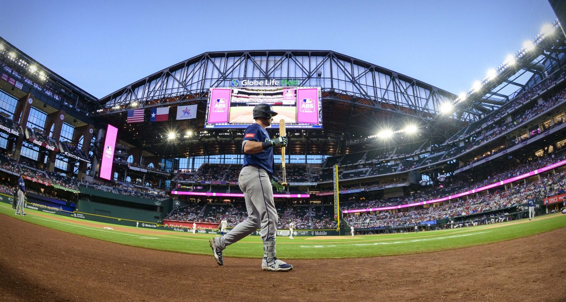 Apr 6, 2026; Arlington, Texas, USA; Seattle Mariners catcher Cal Raleigh (29) walks to the on deck circle during the game against the Texas Rangers at Globe Life Field