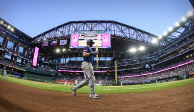 Apr 6, 2026; Arlington, Texas, USA; Seattle Mariners catcher Cal Raleigh (29) walks to the on deck circle during the game against the Texas Rangers at Globe Life Field